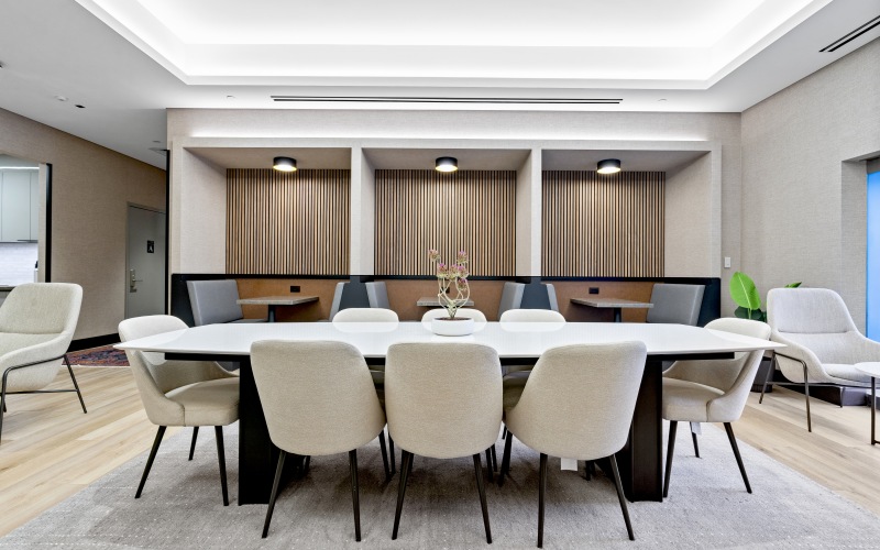 lounge with conference table and private work from home spaces